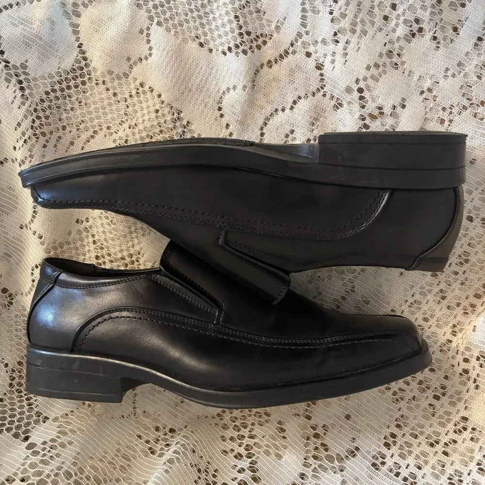 David & Co Men's US 9.5 W Black Leather Square Toe Dress Loafers Shoes